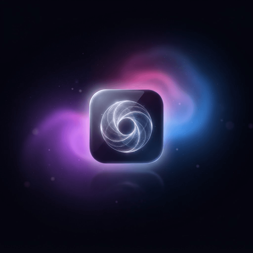 A glowing app icon floating in a purple, pink, and blue nebula representing the Nori AI companion launch